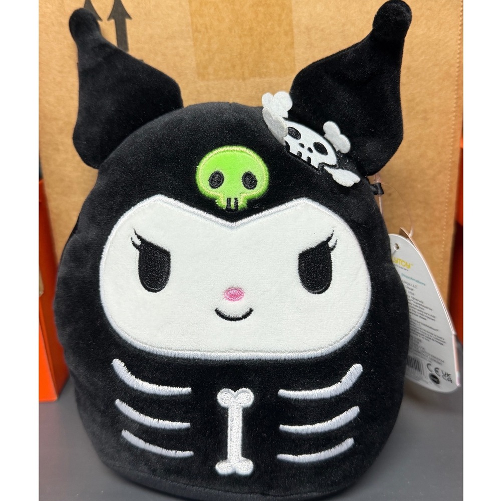 Kellytoy Squishmallows Sanrio Kuromi Skeleton Halloween Plush 8 inch Black White